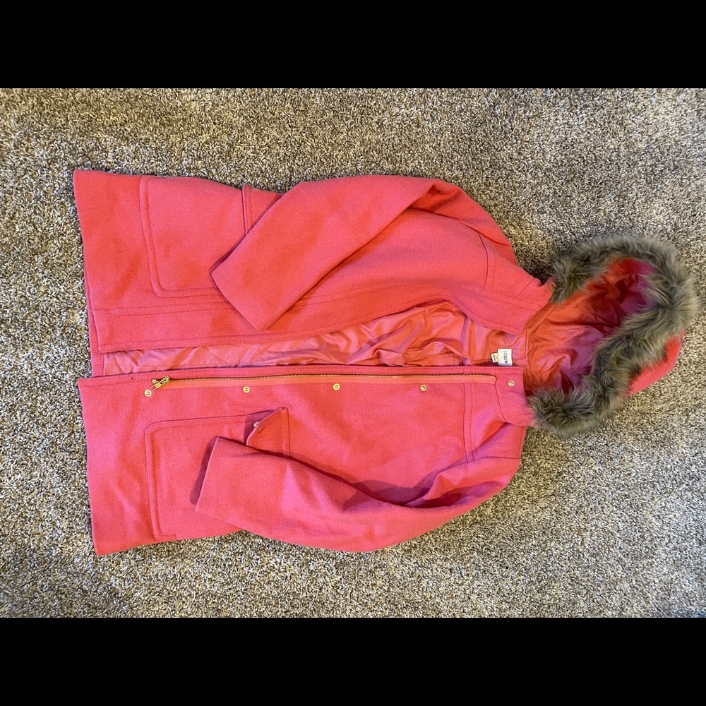 J.Crew Pea Coat Twead Zippered Button Fur Hooded Pink Coat Jacket size 2 - Picture 4 of 7
